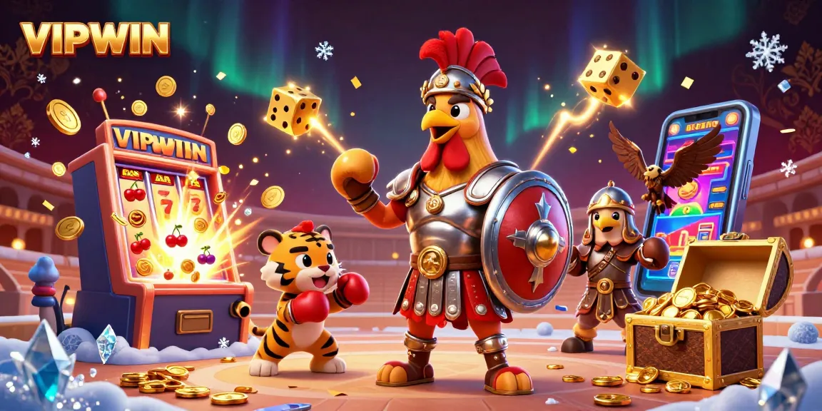 Experience the excitement of VIPWIN with a vibrant 3D cartoon scene showcasing a gladiator rooster, thrilling jackpots, and casino action.