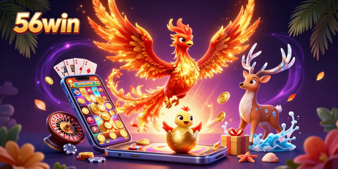 Engage in thrilling games at 56win with 3D illustrations of spinning slots and phoenix.