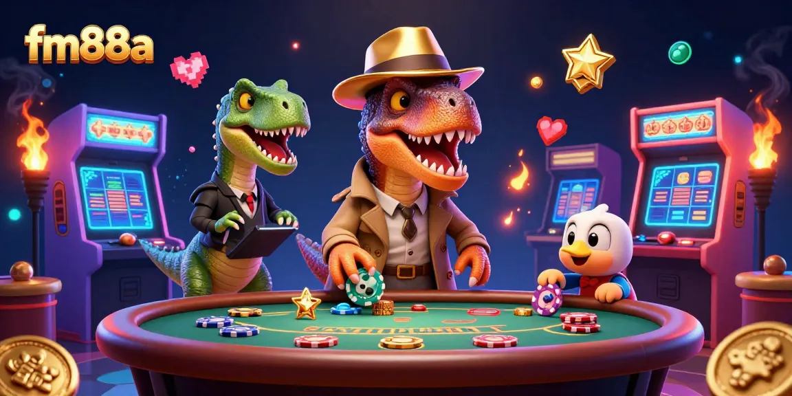 Experience fun at fm88a with a cartoon velociraptor card counter at a vibrant casino