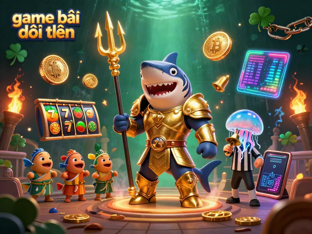 Engage in game bài đổi thưởng with a dynamic casino scene featuring a golden gladiator shark and vibrant slot games.