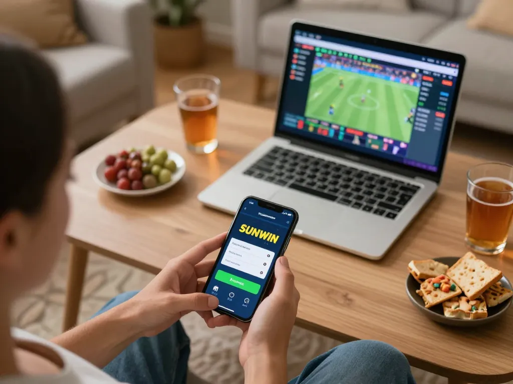 Engaging with the SUNWIN app for sports betting in a cozy living room setup, showcasing responsible gaming
