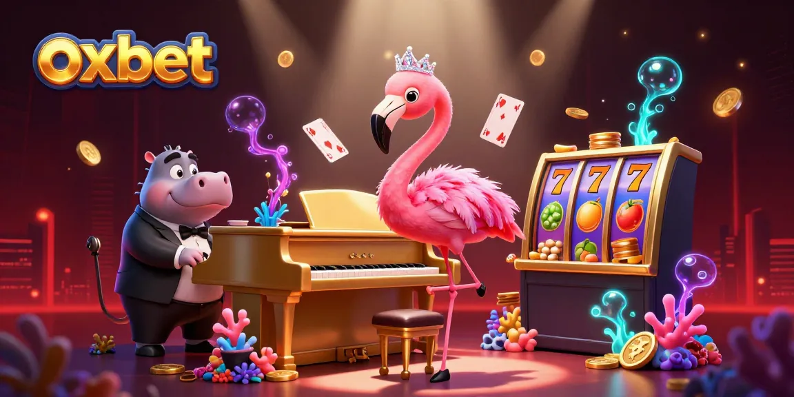 Join the excitement at oxbet with colorful slots, a vibrant casino scene featuring a singing flamingo and hippo bassist.