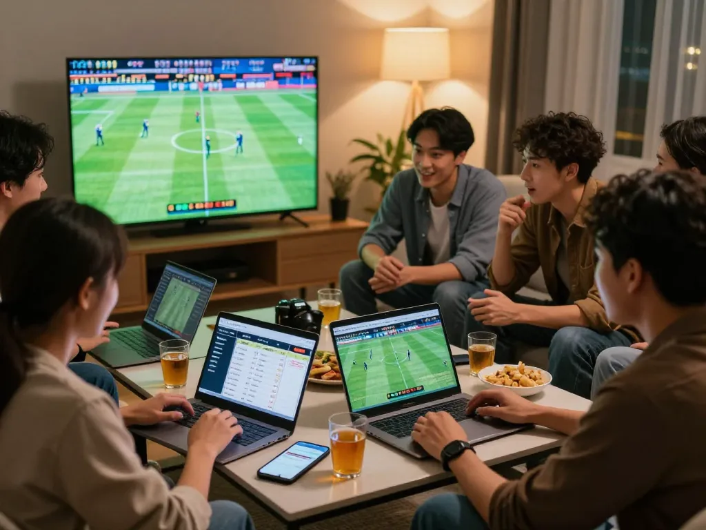 Friends engaging with Bongdalu sports betting app while enjoying live match excitement in a cozy home setting.
