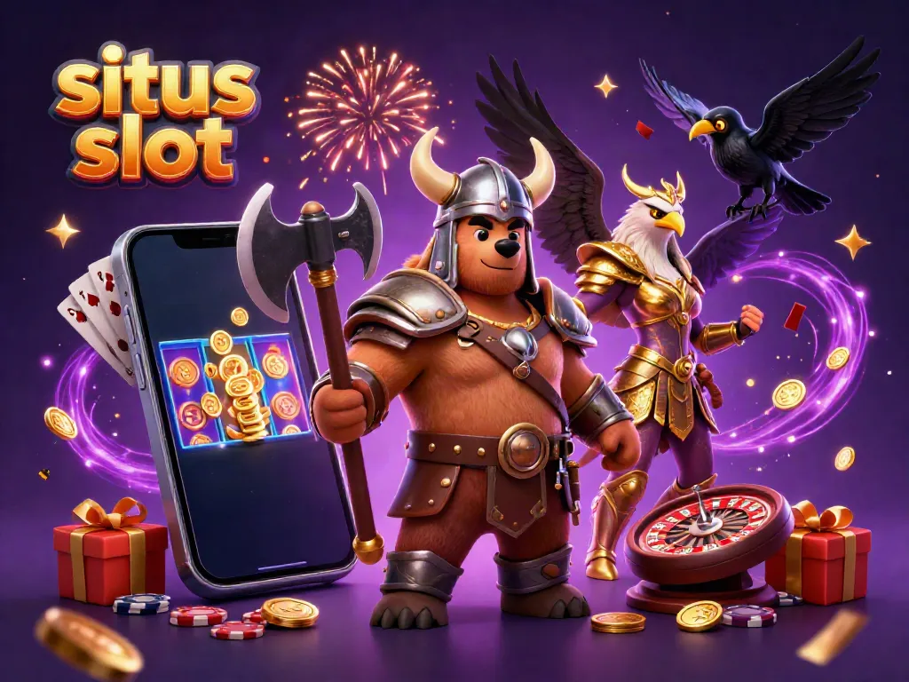 Engaging illustration of a situs slot 3D scene with iconic characters and casino elements.
