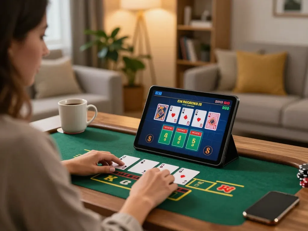 Betting at the best online casinos in Canada from home with a tablet, showcasing a live blackjack game.