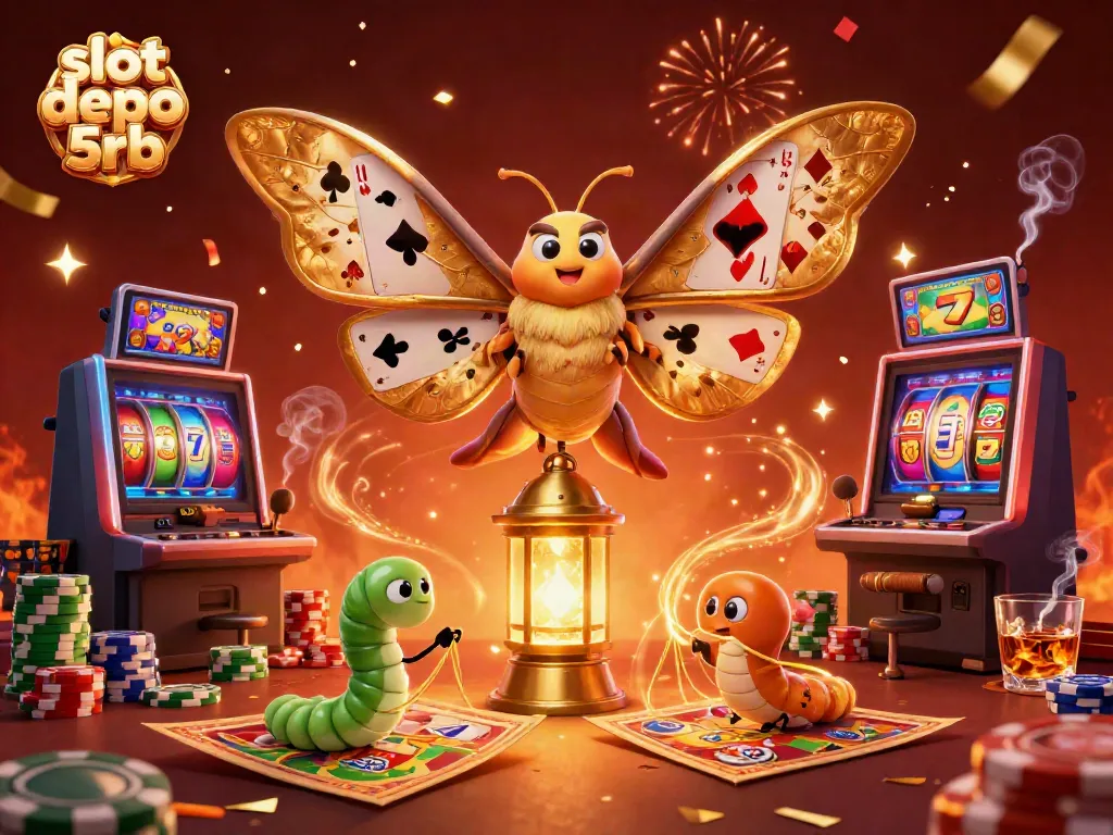 Win big with slot depo 5rb as vibrant slot reels and golden moth create a festive casino scene.