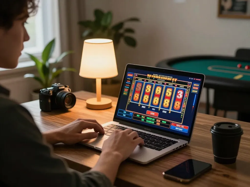 Person engaging with TG88 online slots on a laptop in a cozy gaming setup