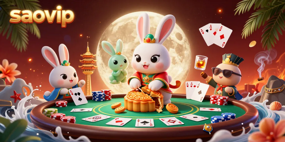 Experience thrilling gameplay with saovip featuring a dynamic scene of playful moon rabbits amidst poker chips and casino elements.