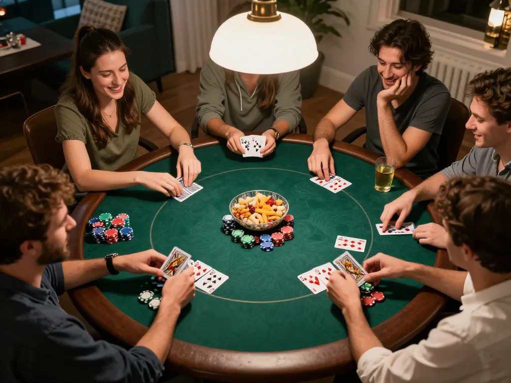 Friends enjoy a poker night at home with GG 88, showcasing competitive gameplay and fun.