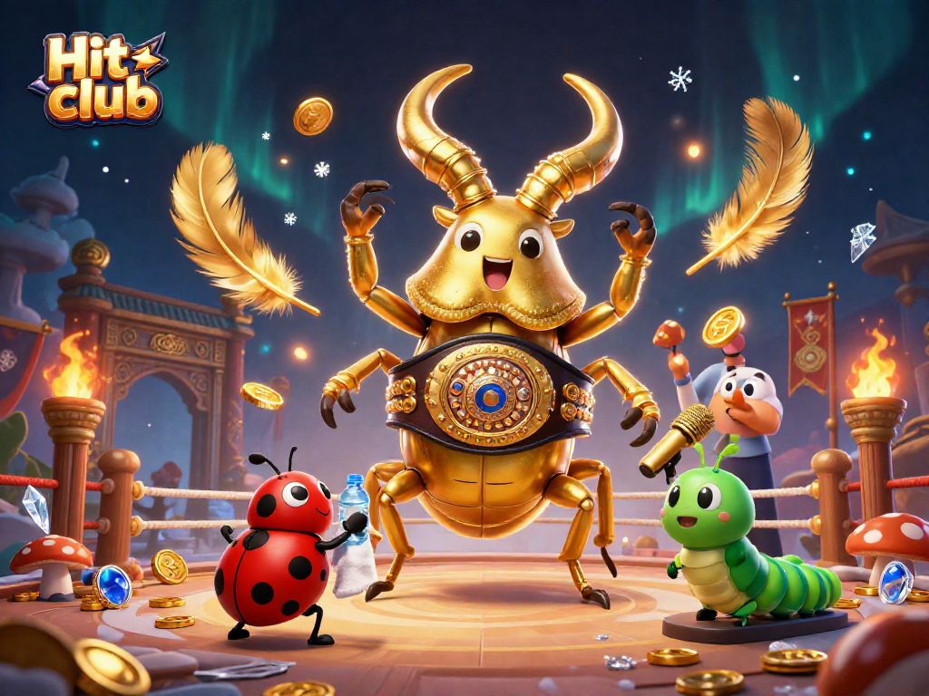 Hit club showcases a giant golden stag beetle in a boxing scene surrounded by dynamic casino elements.