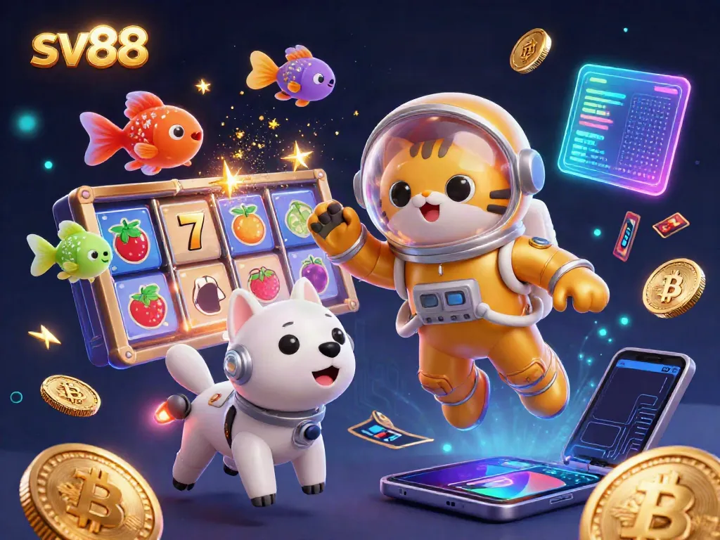 Experience gaming thrills with sv88 as a 3D astronaut cat dances through a vibrant casino universe.