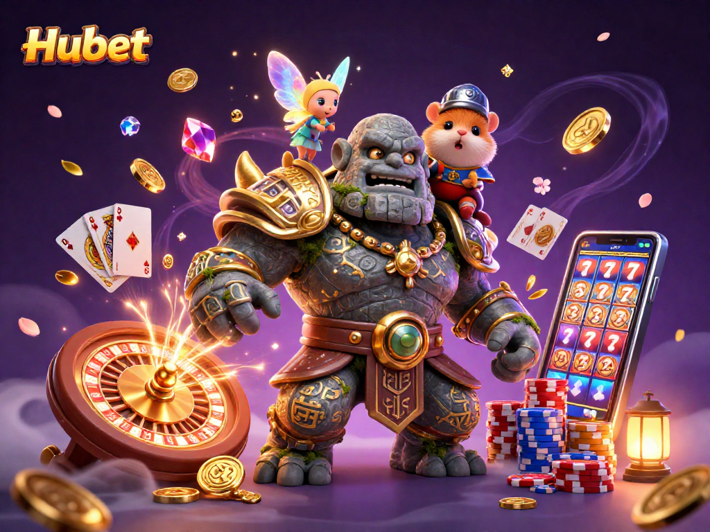 Play exciting games at Hubet with a magical scene of characters amidst vibrant casino elements.