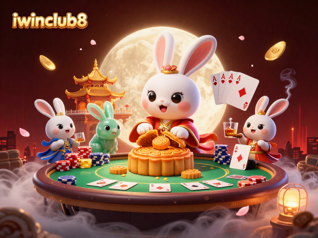 Experience the iwinclub8 casino adventure with a moon rabbit at a vibrant poker scene.