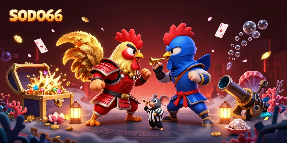 SODO66 features dynamic cartoon roosters in a thrilling gaming duel surrounded by treasure and casino elements.