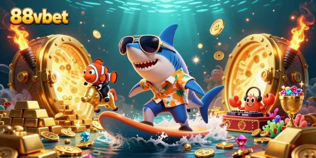 Experience the thrill of 88vbet with a dynamic underwater scene featuring a shark, clownfish, and crab DJ.