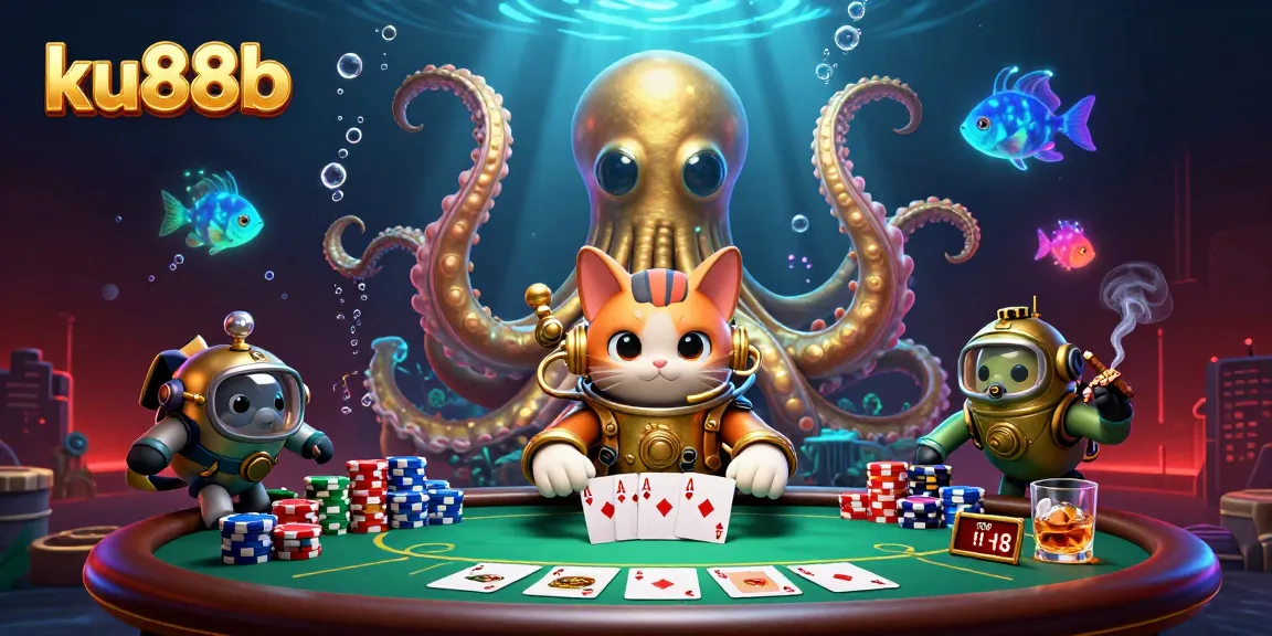 ku88b showcases a vibrant 3D casino scene with a kraken, diving cat, and poker elements.