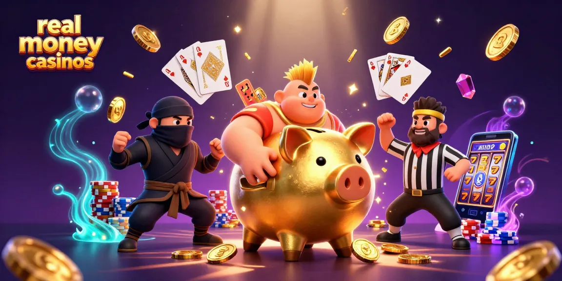 Engage in real money casinos with vibrant characters in a dynamic casino-themed 3D scene.