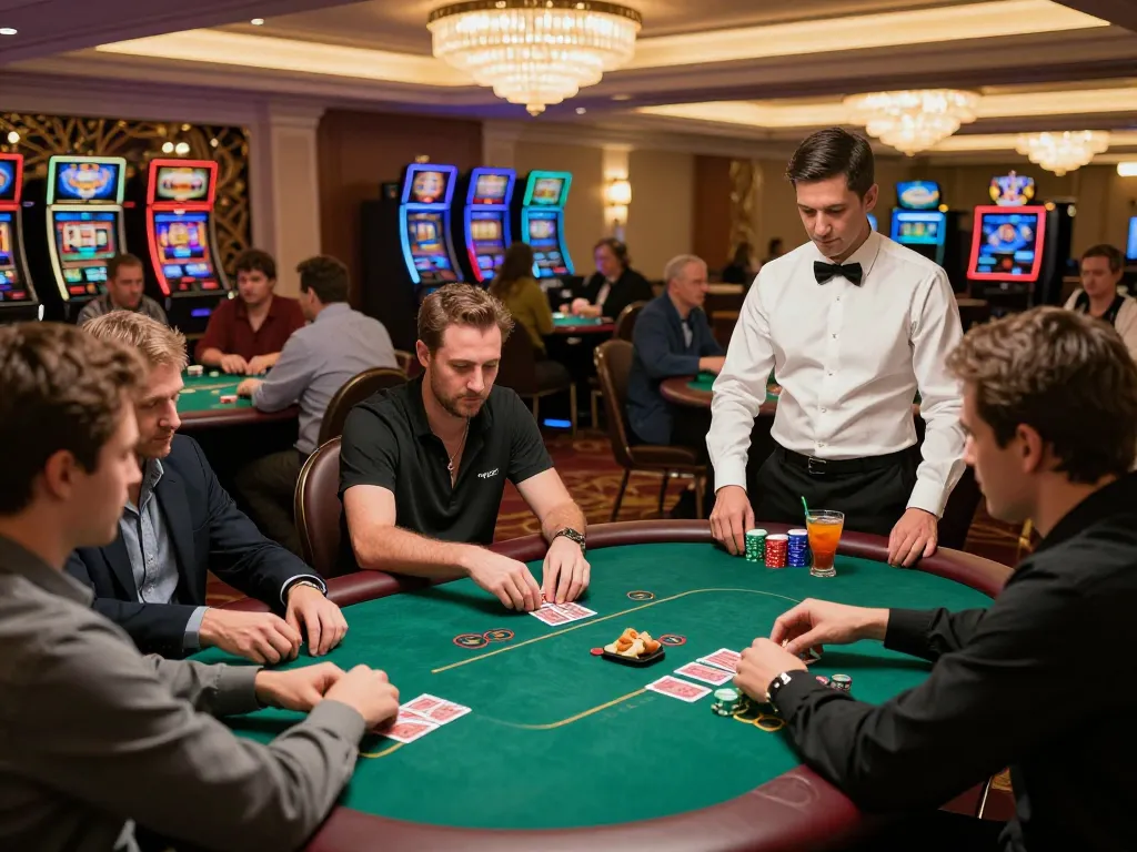 Players enjoy top game bài đổi thưởng at an upscale casino poker table with vibrant gameplay.
