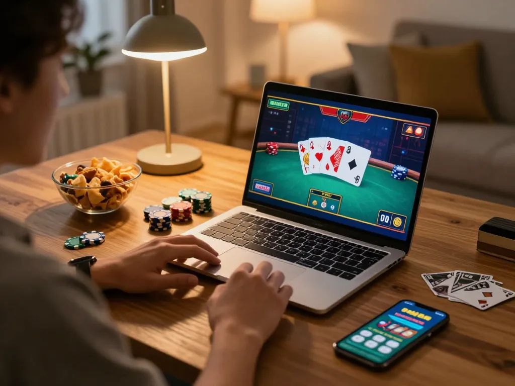 Engaging in game online with poker interface on laptop, reflecting a cozy home gaming atmosphere.