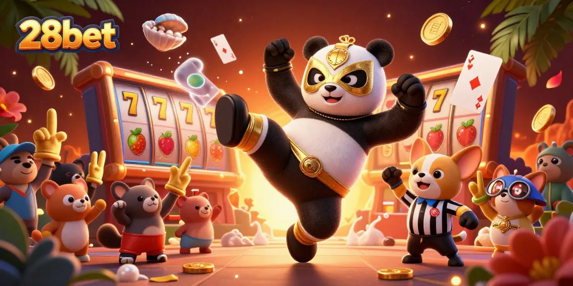 28bet offers a vibrant casino scene with a wrestler panda in action among colorful slot elements.