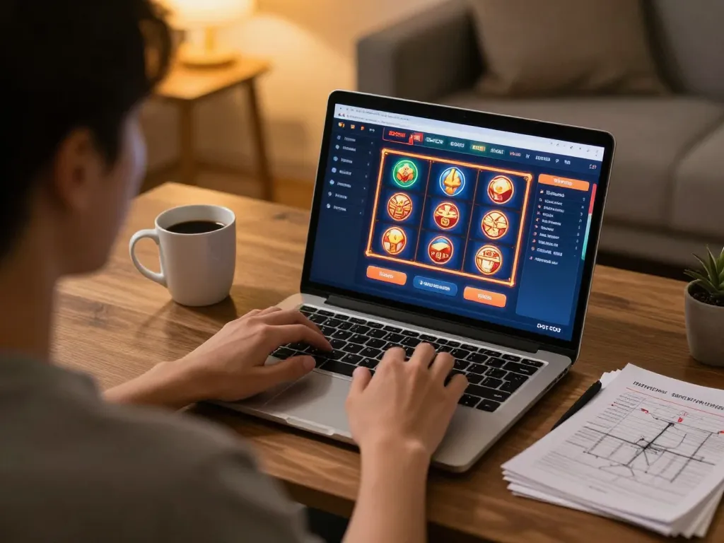 Engaged player exploring sun win online slots interface in a cozy home setting.