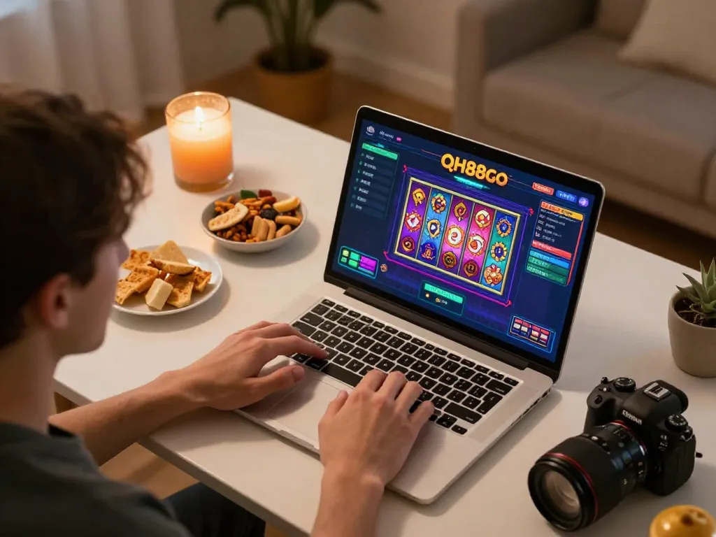 Player enjoying online gaming at QH88go platform, navigating slots and betting strategies.