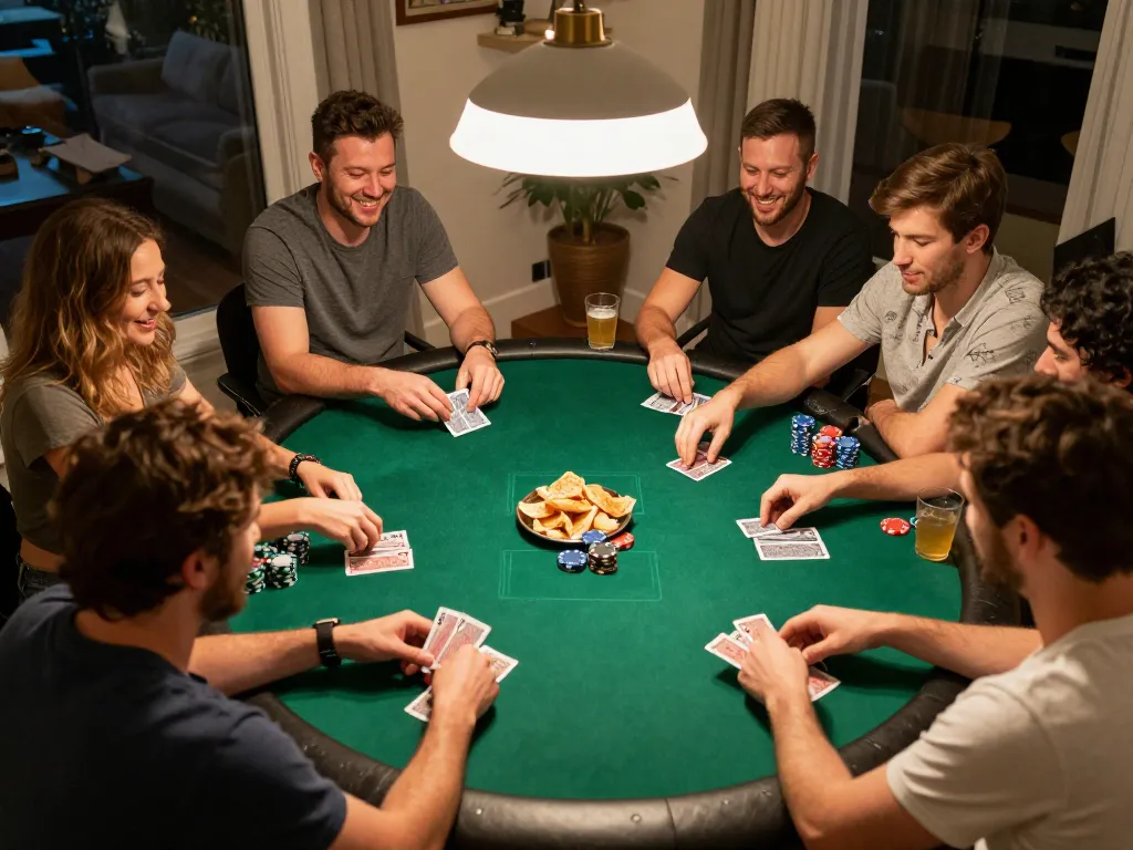 Players at a home poker night enjoying cards and chips, highlighting badak178 gaming experience