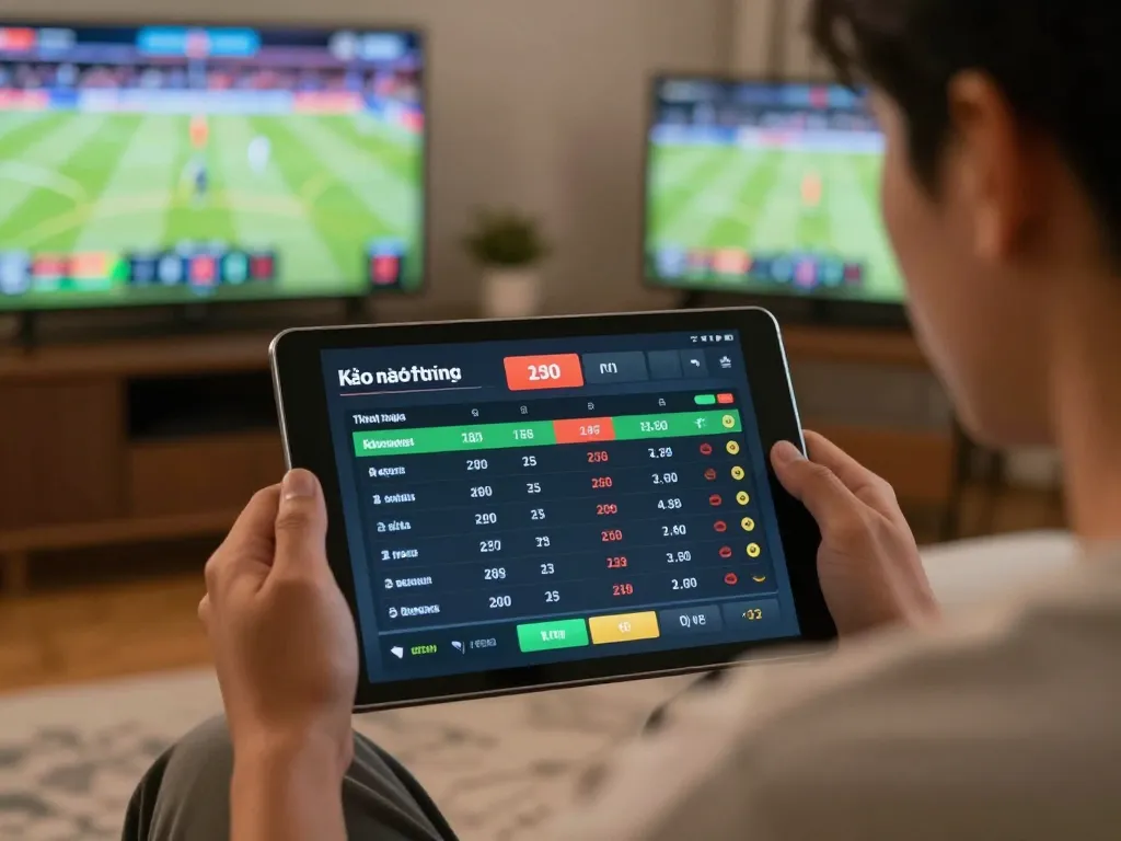 Engaging sports betting scene featuring kèo nhà cái interface on a tablet in an inviting home atmosphere.
