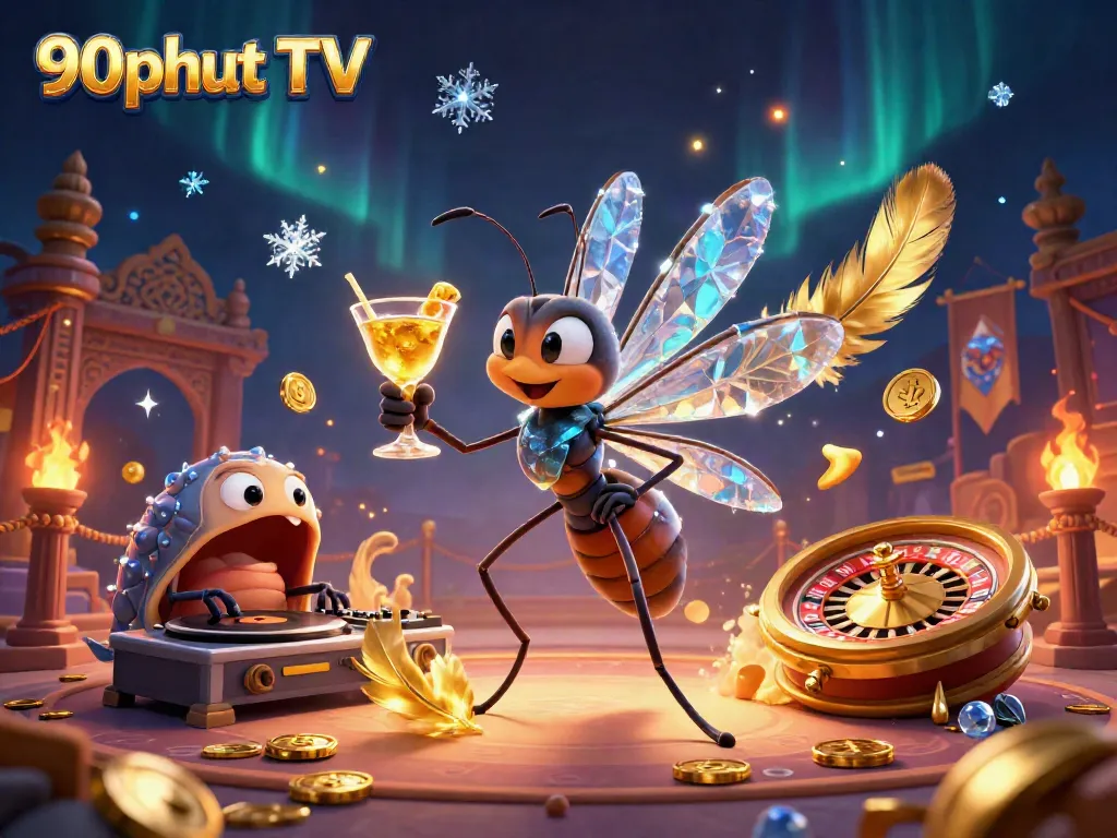 Experience the thrill of betting with 90phut TV's mascot amidst vibrant casino elements and dynamic atmosphere.