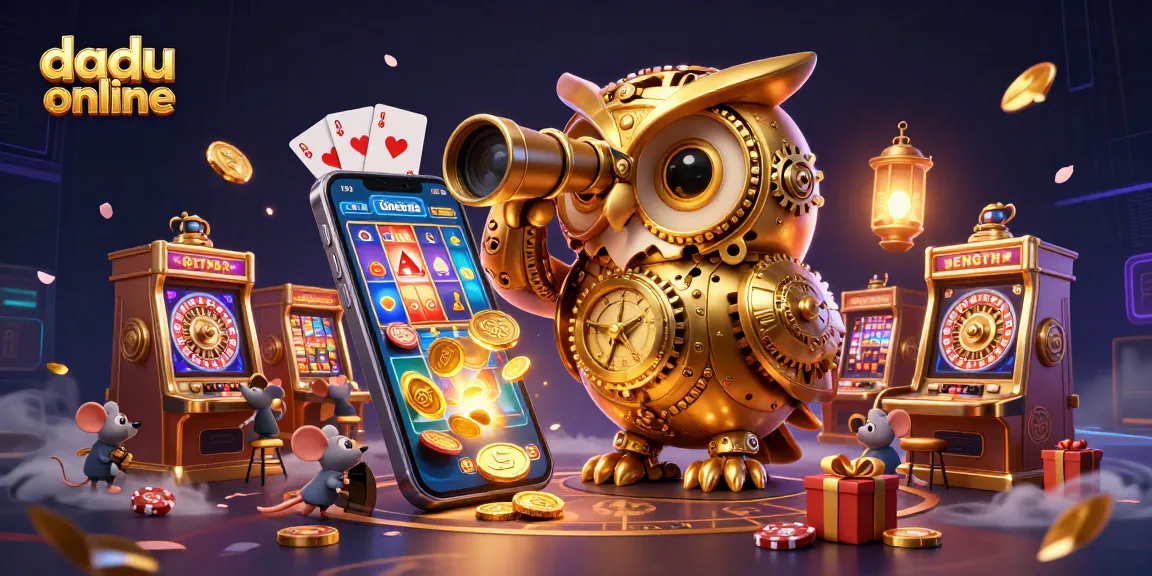 Experience the thrill of dadu online with a vibrant 3D illustration showcasing a clockwork owl amidst casino elements.