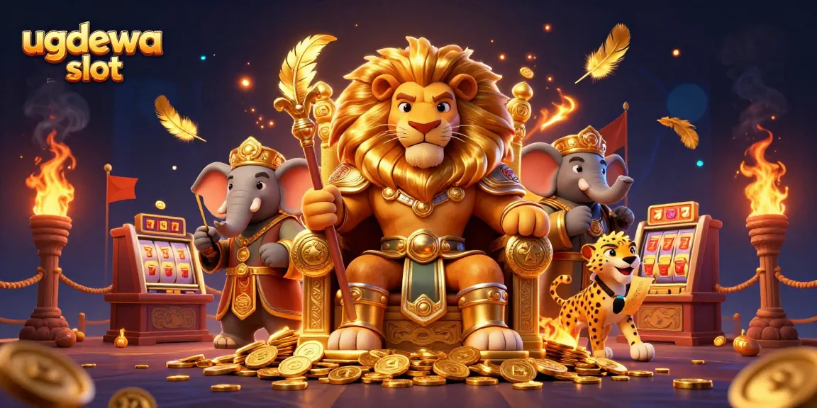 Engage with ugdewa slot in this dynamic casino illustration featuring a lion king, elephant advisor, and cheetah messenger.