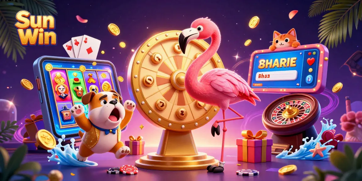 Engage with Sun Win as flamingo spins a prize wheel amidst vibrant casino elements.