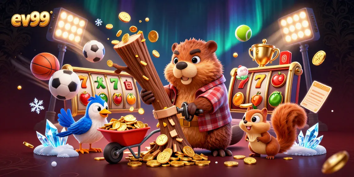 ev99 displays a cartoon beaver celebrating jackpot wins with coins raining and lively casino action
