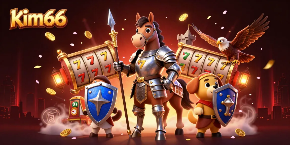 kim66 offers thrilling slots alongside a knight and falcon in a vibrant casino scene