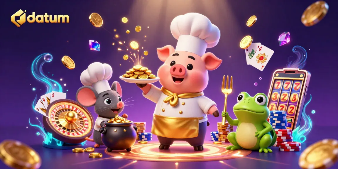 Experience the excitement of datum with a chef pig serving golden coins in a vibrant casino scene.