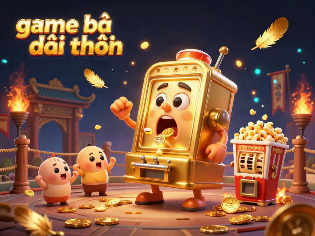 Experience thrilling game bài đổi thưởng with a joyous golden slot machine hitting a jackpot among cheering mini slots.
