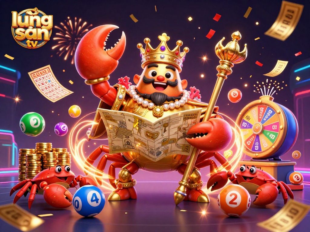 Experience the excitement of lương sơn tv with a 3D cartoon illustration, featuring a golden crab emperor and dynamic gambling elements.
