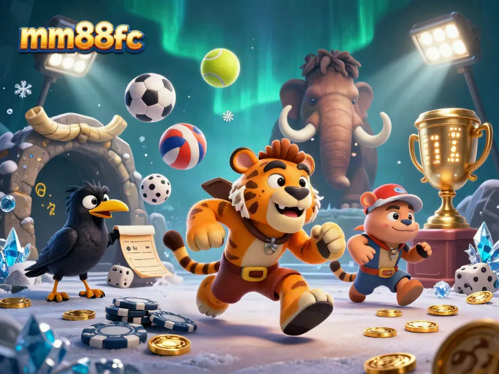 Experience thrilling bets with mm88fc in a vivid prehistoric casino scene.