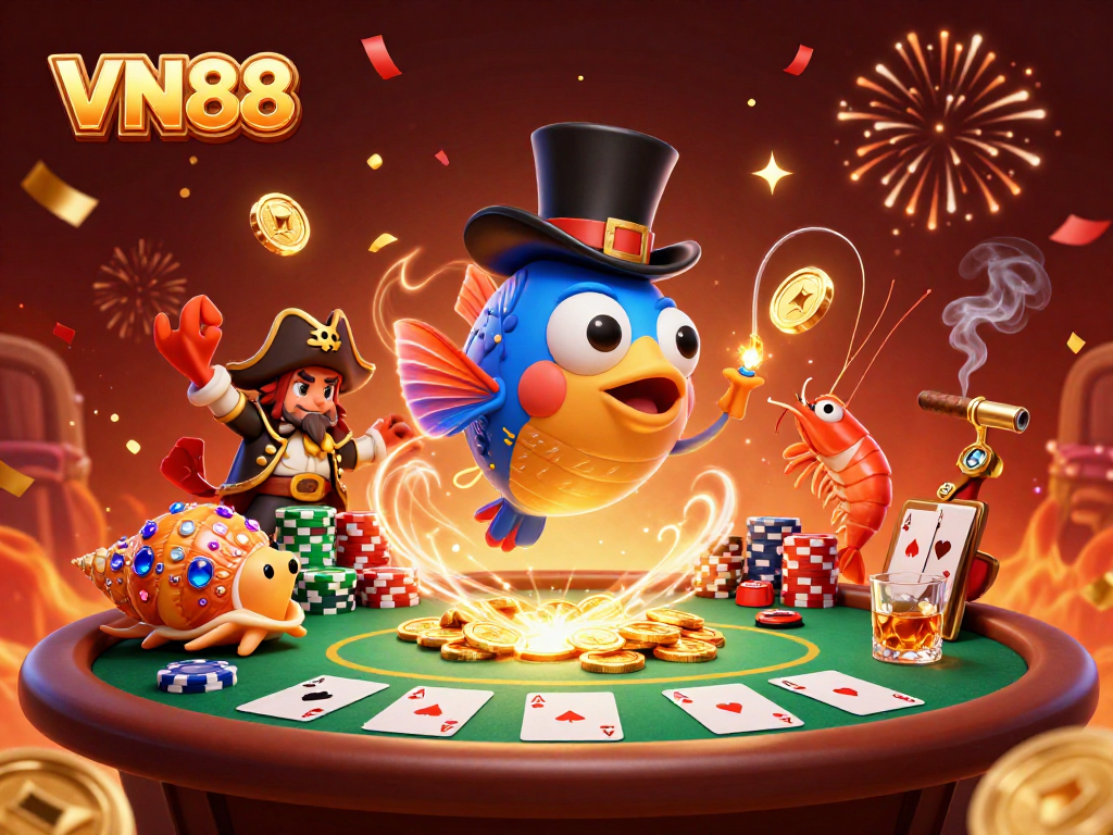 Engage in thrilling games at VN88, featuring vibrant characters and poker elements in an electrifying scene.