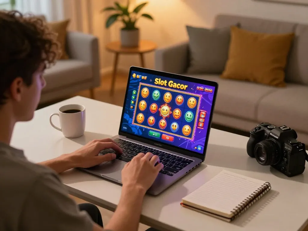 Player enjoying Slot Gacor games on a laptop in a cozy gaming setup, showcasing action and strategy.
