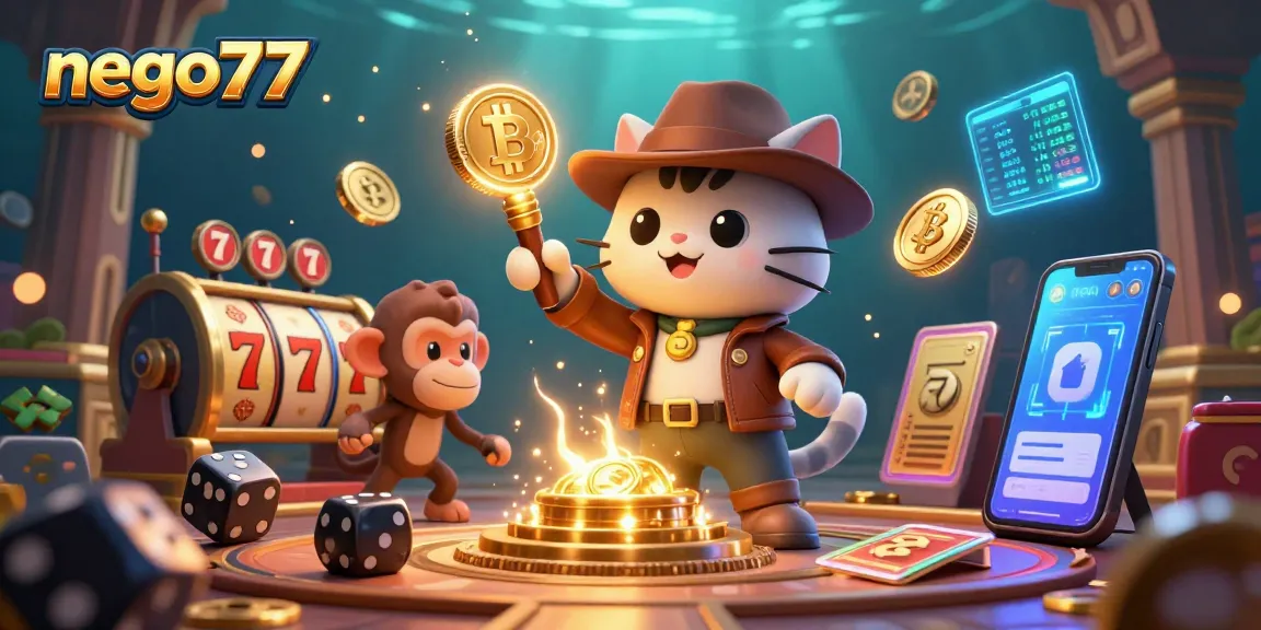 Nego77 offers exciting slot reels and golden casino artifacts in a vibrant 3D illustration.