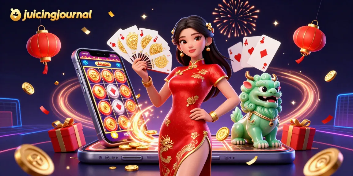Juicingjournal showcases vibrant gaming energy with a woman in qipao, golden cards, and dynamic casino elements.