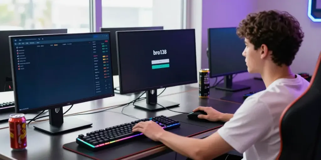 Engaged player at bro138 login interface in a vibrant gaming setup