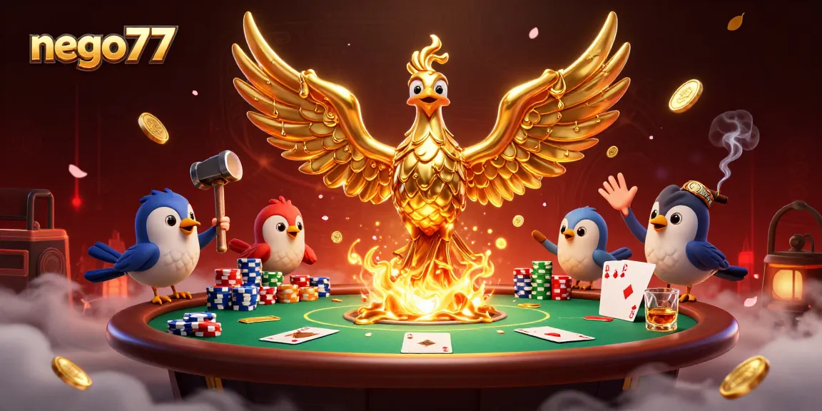 Experience exciting gaming action with nego77, featuring a molten gold phoenix and vibrant poker elements.