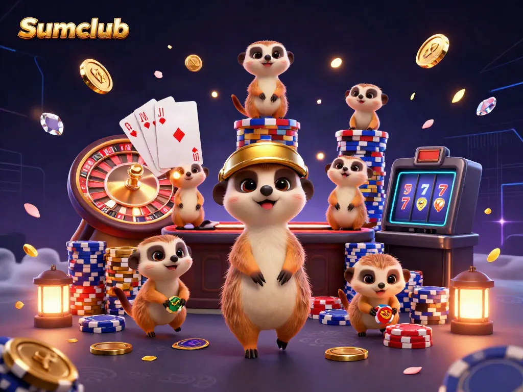 Experience lively gaming with Sumclub's cartoon meerkat casino in a vibrant scene filled with coins and cards.