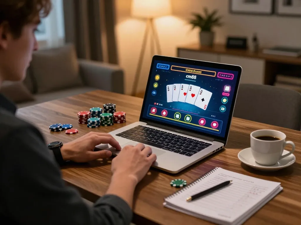 Engaging in live blackjack on cm88 com with strategic notes and a cozy home office setup.