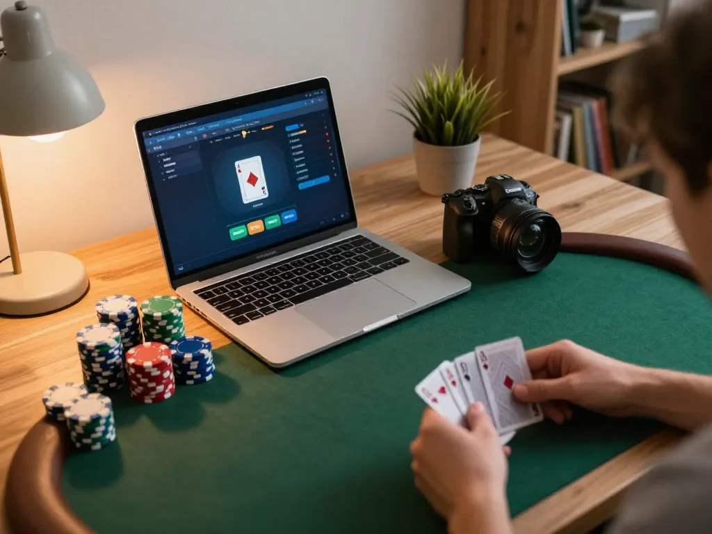 Experience earlyinsights into online poker gameplay in a cozy home setting with strategic card action.