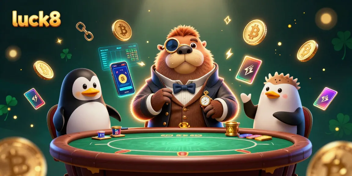 Luck8 players enjoy underwater poker with characters bluffing amidst glowing cryptocurrency elements.