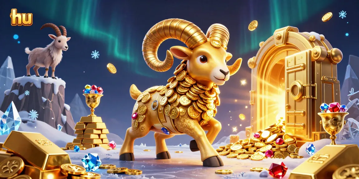 Engage with hu's vibrant casino scene featuring a golden ram charging through a treasure vault full of gems.