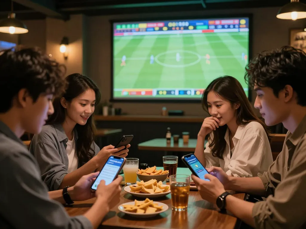 Friends engaging in sports betting on nhandinhkeonhacai during an exciting football match, lively bar atmosphere